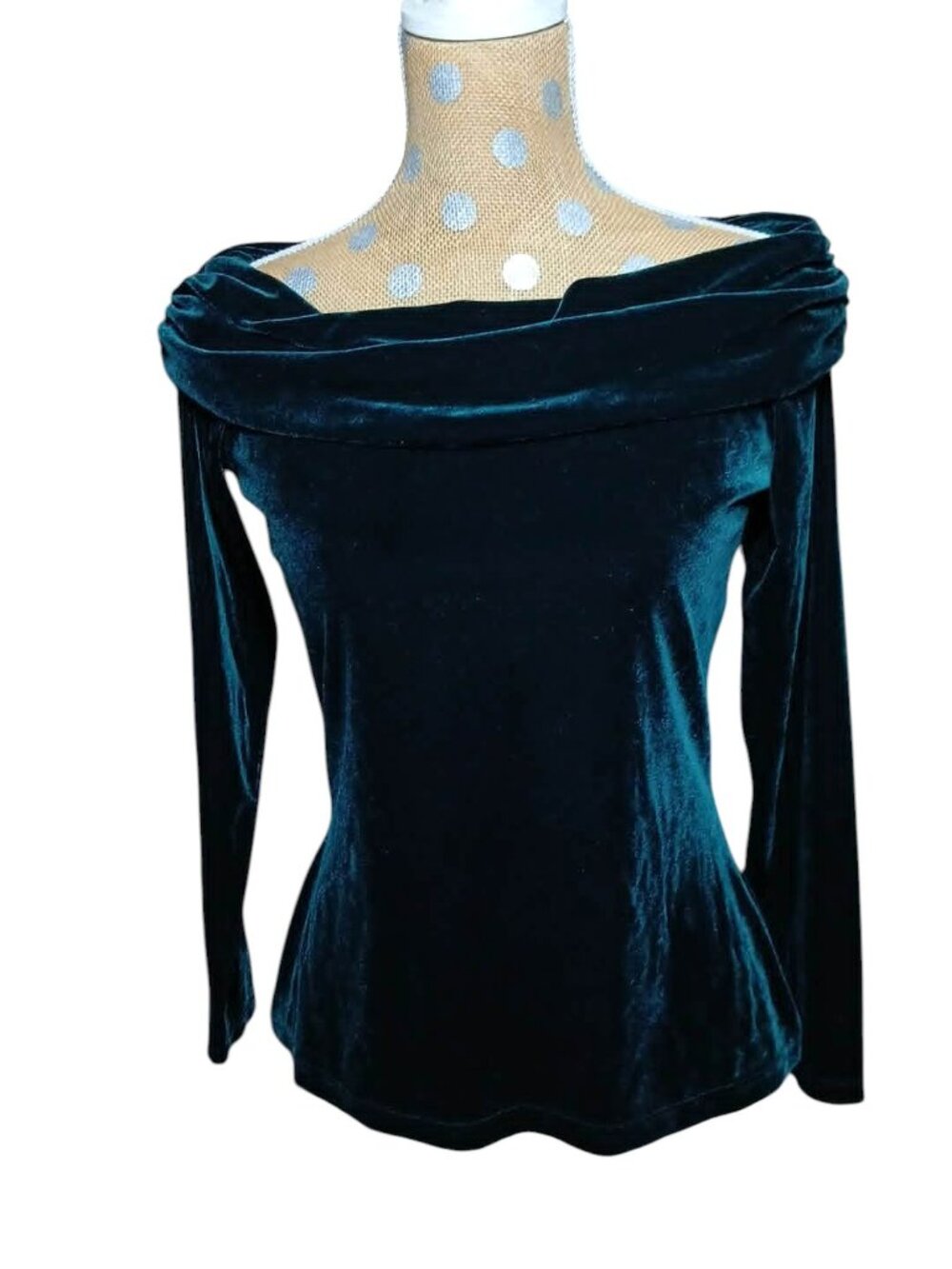 Vtg Forest Green Reflections Off Shoulder Ruched Velour Top Med